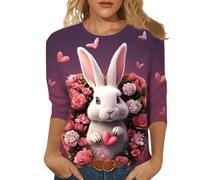 Maglietta da donna con maniche a 3/4 girocollo per la moda casual in primavera estate con insolita stampa pasquale, Nero , XL