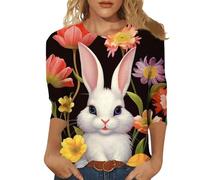 Maglietta da donna con maniche a 3/4 girocollo per la moda casual in primavera estate con insolita stampa pasquale, bianco, XXL