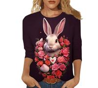 Maglietta da donna con maniche a 3/4 girocollo per la moda casual in primavera estate con insolita stampa pasquale, grigio., XXL