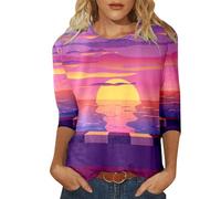 Maglietta da donna con maniche a tre quarti casual, casual, tutti i giorni, scollo rotondo, stampa completa, maglietta a maniche lunghe da donna, giallo., M