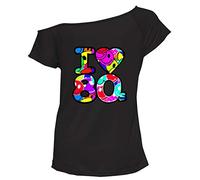 Maglietta da donna con maniche ad aletta, stile discoteca, retrò, con scollo a barra, con scritta "I Love The 80", con spalle scoperte, leggera, taglie dalla 40 alla 58, Smile Face Nero, 12-14