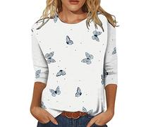 Maglietta da donna con motivo a farfalla, scollo rotondo e maniche a tre quarti come camicetta casual per donne attente alla moda nella vita di tutti i giorni
