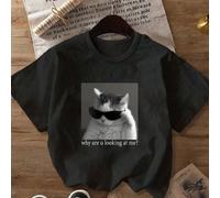 Maglietta da donna con motivo a occhiali e gatto, taglia comoda, girocollo, maniche corte, perfetta per l'estate e l'uso casual, ideale anche per San Valentino 0XL,1XL,2XL,3XL,4XLTessuto in maglia