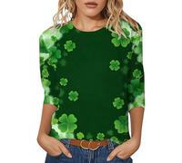 Maglietta da donna con motivo a quattro foglie, maniche a tre quarti, girocollo, per un abbigliamento elegante e quotidiano, Verde scuro, XL