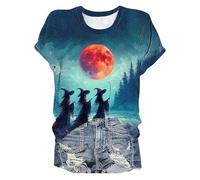 Maglietta da donna con motivo streghe e luna di sangue, maglietta a maniche corte con stampa pittoresca | Top mistico di Halloween per un look cupo, Stil_y01 blu, L
