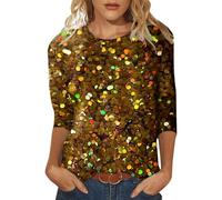 Maglietta da donna con paillettes, casual, stampata, girocollo, maniche larghe, maniche a quarti, Colore: arancione., XXL