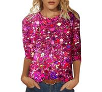 Maglietta da donna con paillettes, casual, stampata, girocollo, maniche larghe, maniche a quarti, rosa intenso, XXL