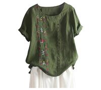 Maglietta da donna con ricamo in cotone retrò, a maniche corte, per il tempo libero, verde militare, 3XL