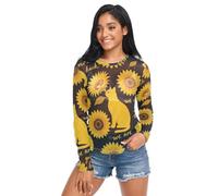 Maglietta da donna con scollo a O, in rete, trasparente, taglia S, Design con girasole e gatto "We Are Not Going Back", M