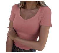 Maglietta da donna con scollo a V, a coste, aderente, a maniche corte, basic per feste, Colore: rosa., S