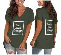 Maglietta da donna con scollo a V, a maniche corte, con testo personalizzato e immagine anteriore e posteriore, taglie dalla S alla XXL, P02 Grigio, XXL