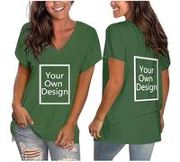 Maglietta da donna con scollo a V, a maniche corte, con testo personalizzato e immagine anteriore e posteriore, taglie dalla S alla XXL, P01 Verde militare, L