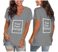 Maglietta da donna con scollo a V, a maniche corte, con testo personalizzato e immagine anteriore e posteriore, taglie dalla S alla XXL, P03 Grigio, S