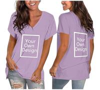 Maglietta da donna con scollo a V, a maniche corte, con testo personalizzato e immagine anteriore e posteriore, taglie dalla S alla XXL, P02 Viola, S