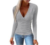 Maglietta da donna con scollo a V, a maniche lunghe, slim fit, basic, per autunno e inverno, sexy, grigio., XXL