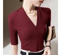 Maglietta da donna con scollo a V, a maniche medie, tinta unita, casual, aderente, lunghezza regolare, camicetta per tutti i giorni, vacanze, feste, quattro stagioni (XL rosso vinaccia)