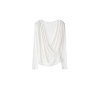 Maglietta da donna con scollo a V avvolto, maniche lunghe, maglia a costine, tinta unita cromatica, bianco, M