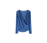 Maglietta da donna con scollo a V avvolto, maniche lunghe, maglia a costine, tinta unita cromatica, Blu, S