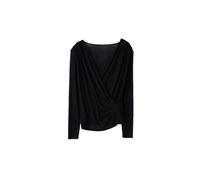 Maglietta da donna con scollo a V avvolto, maniche lunghe, maglia a costine, tinta unita cromatica, Nero , M