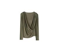 Maglietta da donna con scollo a V avvolto, maniche lunghe, maglia a costine, tinta unita cromatica, Oliva, S