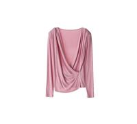 Maglietta da donna con scollo a V avvolto, maniche lunghe, maglia a costine, tinta unita cromatica, rosa, M