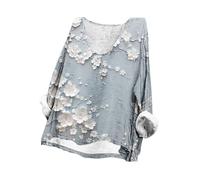 Maglietta da donna con scollo a V, casual, con stampa, a maniche lunghe, oversize, da donna, grigio., XL