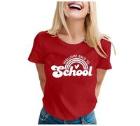 Maglietta da donna con scollo a V, casual, da donna, a maniche corte, scollo rotondo, con stampa lettera, alla moda, per la vita quotidiana, taglie forti, Rosso anguria, L