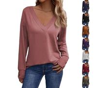 Maglietta da donna con scollo a V Chic, a maniche lunghe da donna, oversize, maglietta casual con maglietta a mezza stagione, top giornalieri, abbigliamento tinta unita, loungewear per casa, maglietta
