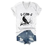 Maglietta da donna con scollo a V, con corvo e stelle, casual, gotico con scritta F-CAW-F, motivo uccello cupo in stile sketch, Stil_o10 Bianco, XXL