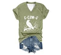 Maglietta da donna con scollo a V, con corvo e stelle, casual, gotico con scritta F-CAW-F, motivo uccello cupo in stile sketch, Stil_o04 verde, XL