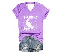 Maglietta da donna con scollo a V, con corvo e stelle, casual, gotico con scritta F-CAW-F, motivo uccello cupo in stile sketch, Stile_o08 viola, XL