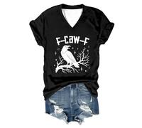 Maglietta da donna con scollo a V, con corvo e stelle, casual, gotico con scritta F-CAW-F, motivo uccello cupo in stile sketch, Stil_o02 Nero, S