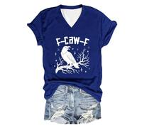 Maglietta da donna con scollo a V, con corvo e stelle, casual, gotico con scritta F-CAW-F, motivo uccello cupo in stile sketch, Stil_o03 blu, M