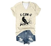 Maglietta da donna con scollo a V, con corvo e stelle, casual, gotico con scritta F-CAW-F, motivo uccello cupo in stile sketch, Stil_o01 Beige, L
