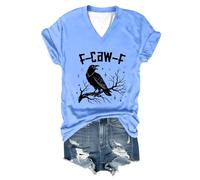 Maglietta da donna con scollo a V, con corvo e stelle, casual, gotico con scritta F-CAW-F, motivo uccello cupo in stile sketch, Stil_o06 blu, M