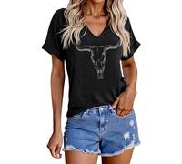 Maglietta da donna con scollo a V con grafica Toro - Maglia casual in stile occidentale | maglietta bohémien per un autentico look country, Stil_e01 Nero, XXL