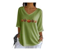 Maglietta da donna con scollo a V e stampa zucca taglie forti casual casual manica corta t-shirt halloween, verde, 3XL