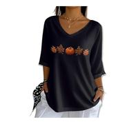 Maglietta da donna con scollo a V e stampa zucca taglie forti casual casual manica corta t-shirt halloween, Nero , 3XL