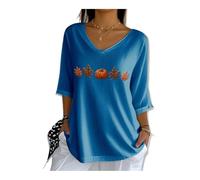 Maglietta da donna con scollo a V e stampa zucca taglie forti casual casual manica corta t-shirt halloween, Blu, 3XL