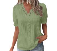 Maglietta da donna con scollo a V, elegante, in pizzo, estiva, a maniche corte, casual, basic top casual, verde chiaro, L