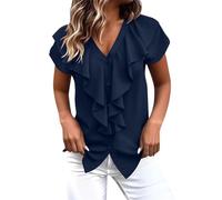 Maglietta da donna con scollo a V in chiffon con volant e maniche corte tinta unita casual allentata leggera maglietta estiva quotidiana ufficio vacanza usura, Blu scuro, XL