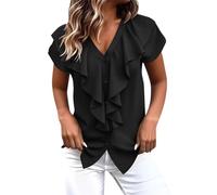 Maglietta da donna con scollo a V in chiffon con volant e maniche corte tinta unita casual allentata leggera maglietta estiva quotidiana ufficio vacanza usura, Nero , XL