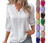 Maglietta da donna con scollo a V in pizzo, elegante, colletto irregolare alla moda, tinta unita, elegante, maniche a tre quarti, con nodo intrecciato, stampa primavera, maniche a sbuffo, morbido,
