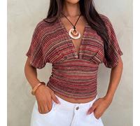Maglietta da donna con scollo a V profondo, arricciata, maniche corte, ampia sopra e aderente sotto, colore albicocca L,M,S,XSA strisceTessuto in maglia