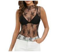 Maglietta da donna con scollo a V, senza maniche, tessuto a rete, ricamo floreale, trasparente, canotta da donna, Nero , L