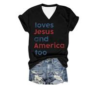 Maglietta da donna con scollo a V, stampa estiva "Loves and America Too" e maniche corte, Nero , XL