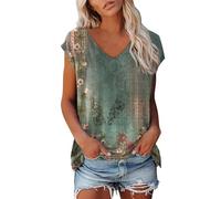 Maglietta da donna con scollo a V, tinta unita, a maniche corte, casual, casual, basic, maglietta 90 pezzi, verde militare, S