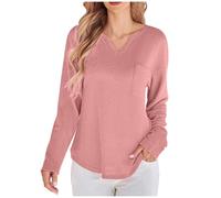 Maglietta da donna con scollo a V, tinta unita, a maniche lunghe con tasche, Colore: rosa., L