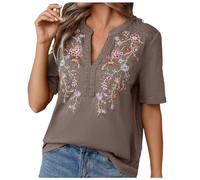 Maglietta da donna con scollo a V, tinta unita, maglione largo, maniche corte, top giallo da donna, marrone, XL