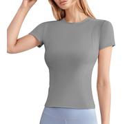Maglietta da donna con scollo rotondo, a maniche corte, attillata, senza cuciture, elasticizzata, maglietta a maniche corte, per lo sport e la vita quotidiana, Stile-j03 Grigio, S